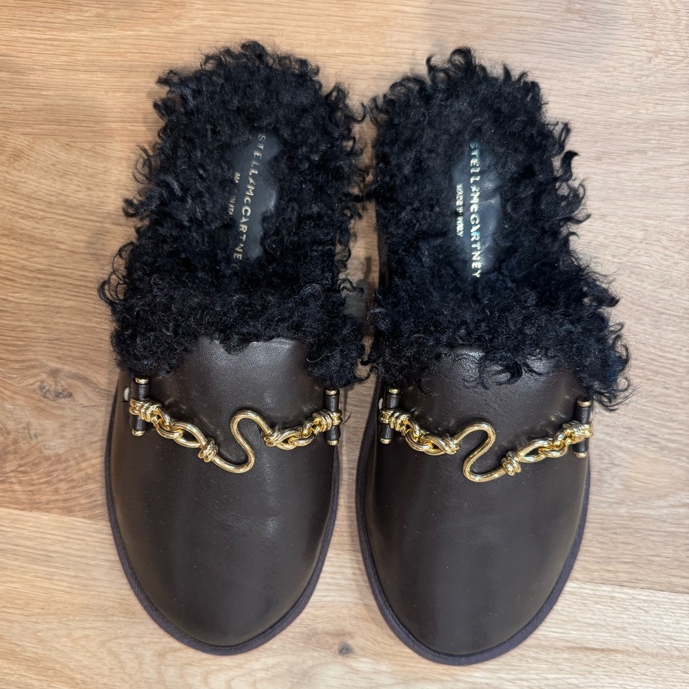 Stella McCartney Brown and Black Furry Mules, gold hardware